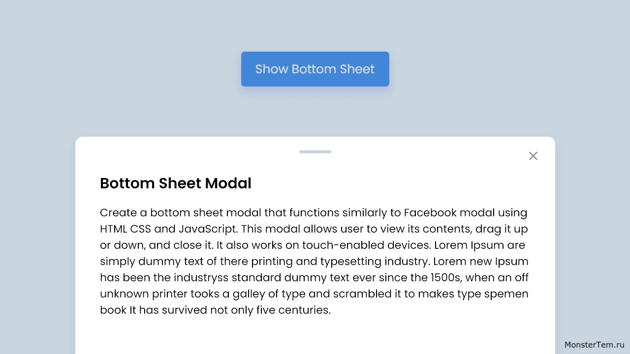 Модальный перетаскиваемый нижний лист используя HTML CSS и JavaScript